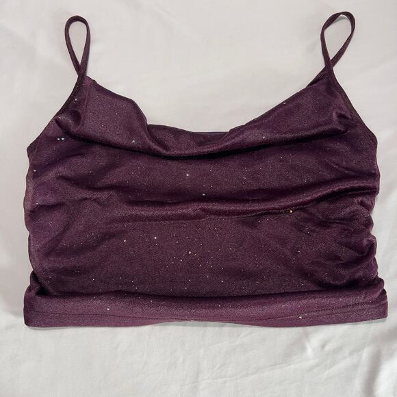 ✨CIDER Women’s Cowl Neck Sparkle CropTop L Purple Shimmer Sleeveless Party Cami - Picture 6 of 6